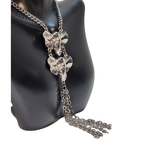 Double Elephant Head Pendant Opera Length Lariat Silver plate Necklace w Tassel - Picture 2 of 6